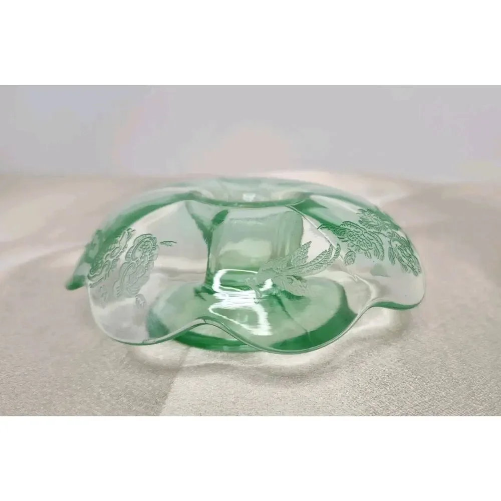 Vintage Paden City Peacock Wild Rose Green Glass Mushroom Candlestick READ
